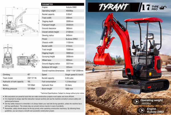 3800lbs TYRANT 17 Diesel Mini Excavator Kubota D902 Engine Side Swing w 12 attachments - Image 15