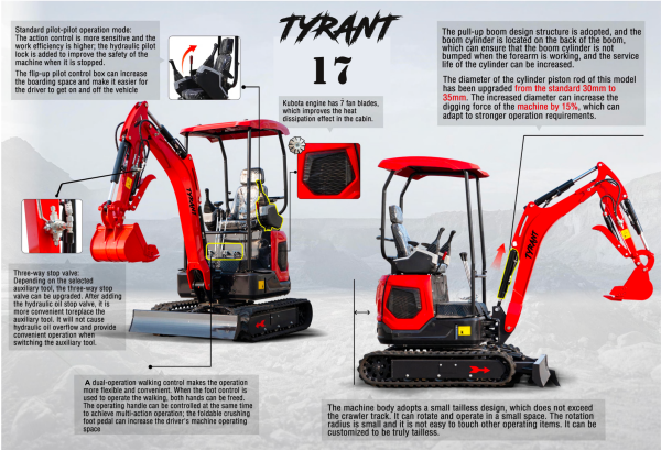 3800lbs TYRANT 17 Diesel Mini Excavator Kubota D902 Engine Side Swing w 12 attachments - Image 14
