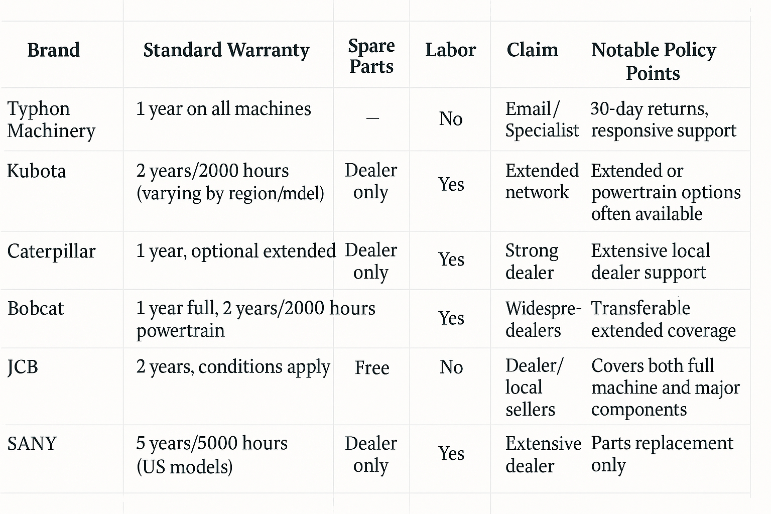 Mini Excavator Brands and Their Warranty Policies1