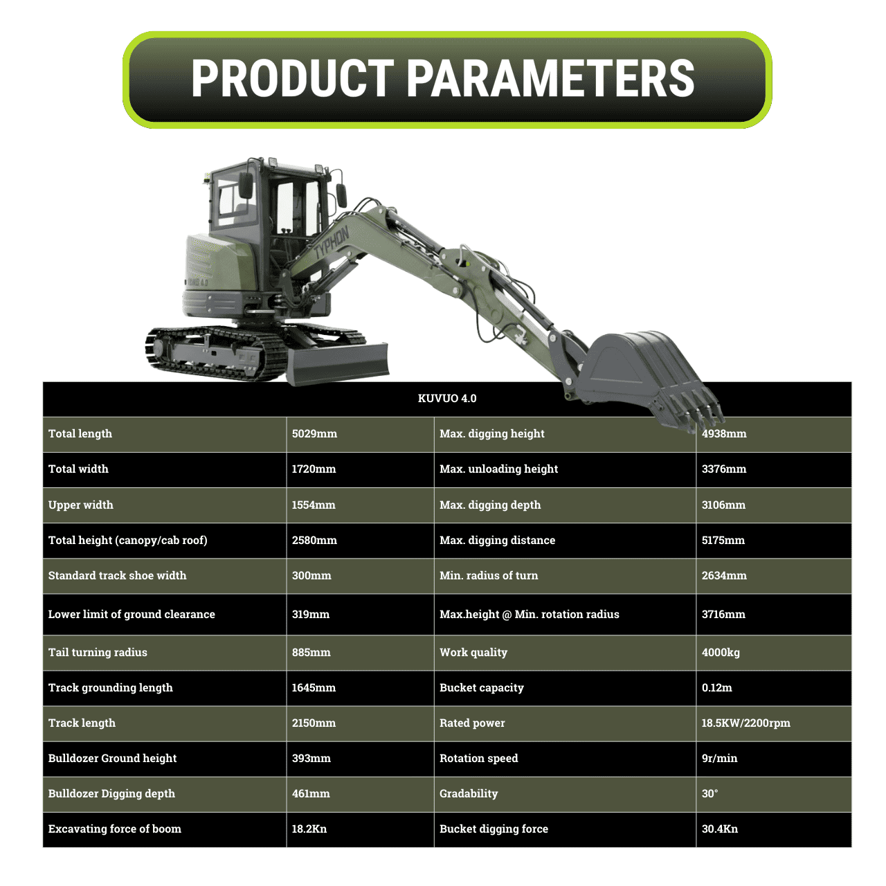 Top Compact & Mini Excavator Diggers- TYPHON Machinery TYPHON KUVUO 4.0 four ton cabin mini excavator w Kubota D1703 Diesel engine Metal Tracks, Boom Swing, AC Heater, Hydraulic Control - Image 3