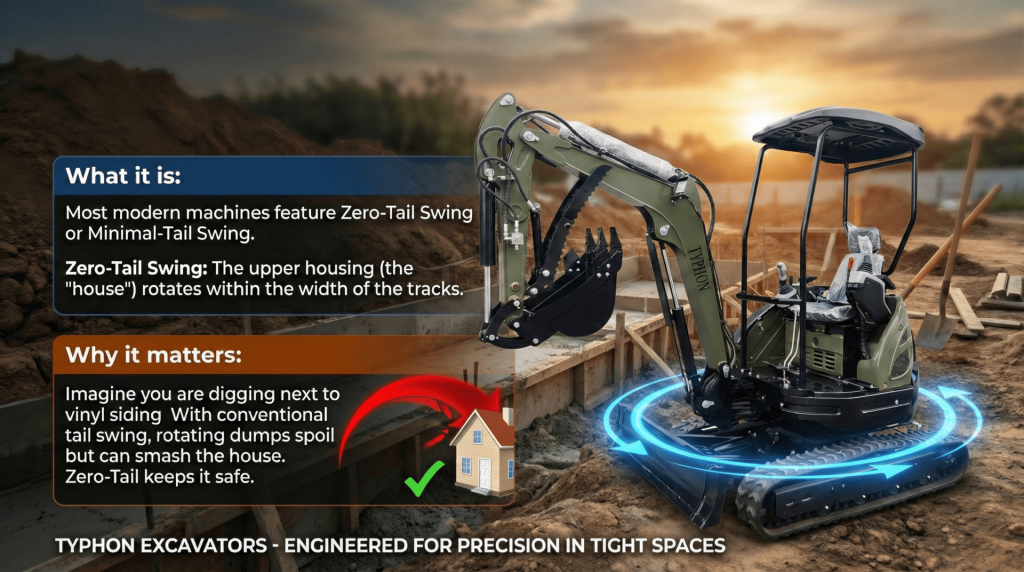 Top Compact & Mini Excavator Diggers- TYPHON Machinery Zero-Tail Swing or Minimal-Tail Swing.