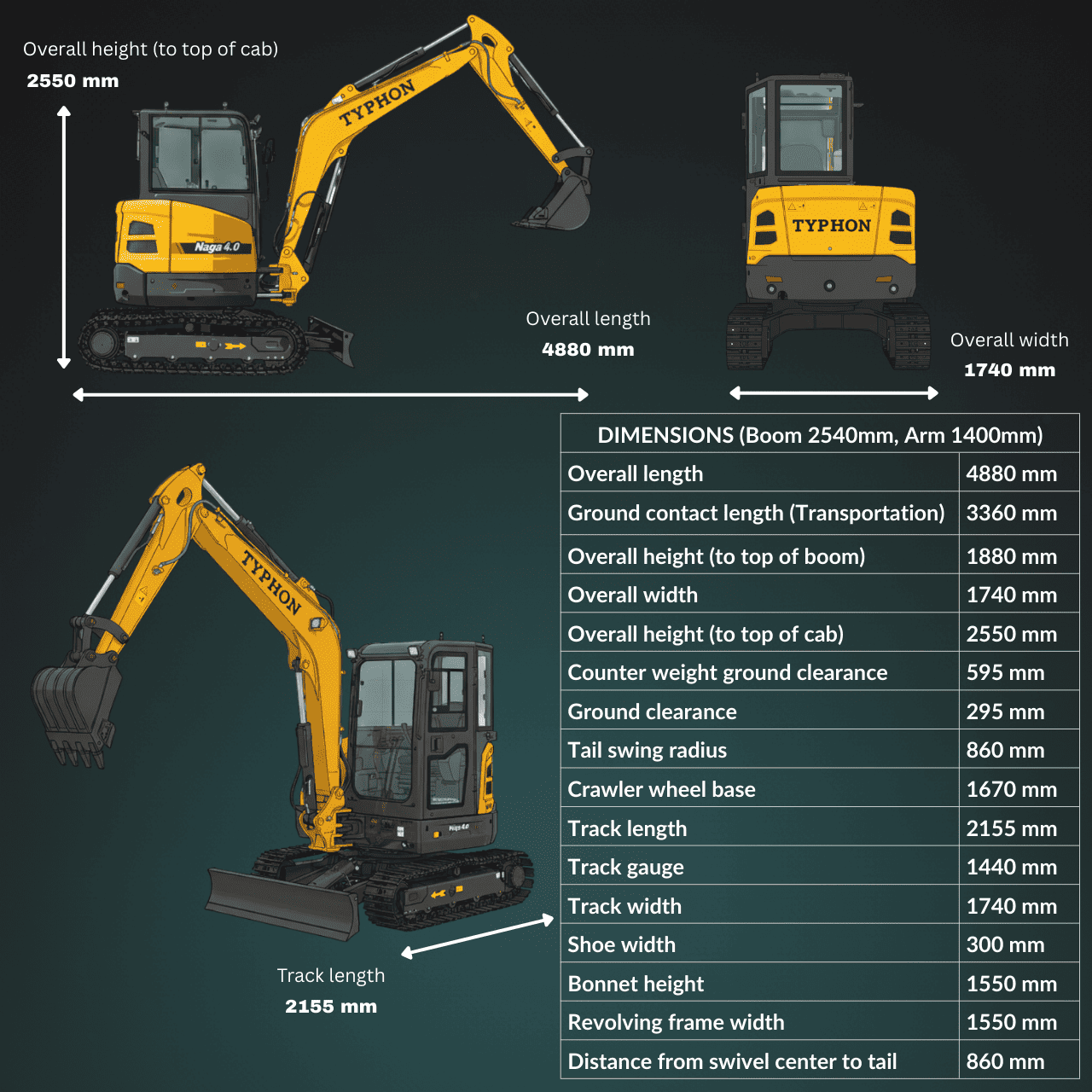 TYPHON NAGA 4.0 Mini Excavator w 4 Ton 24.4hp Yanmar Diesel Engine Metal Track ISO SAE control switch, AC Heater Cabin, 2 Travel Speed