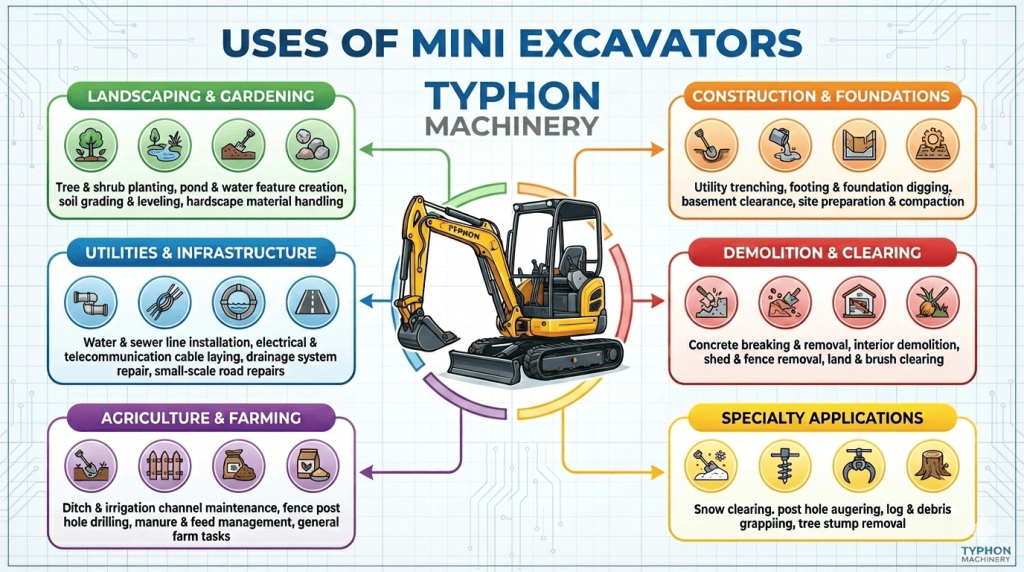 Top Compact & Mini Excavator Diggers- TYPHON Machinery Uses of Mini Excavators
