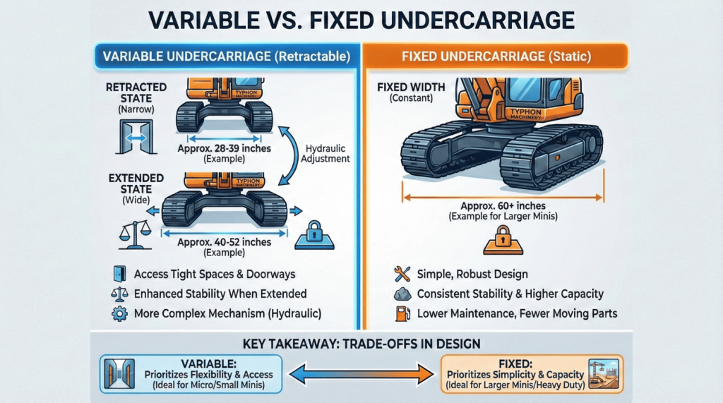 Top Compact & Mini Excavator Diggers- TYPHON Machinery Variable vs. Fixed Undercarriage
