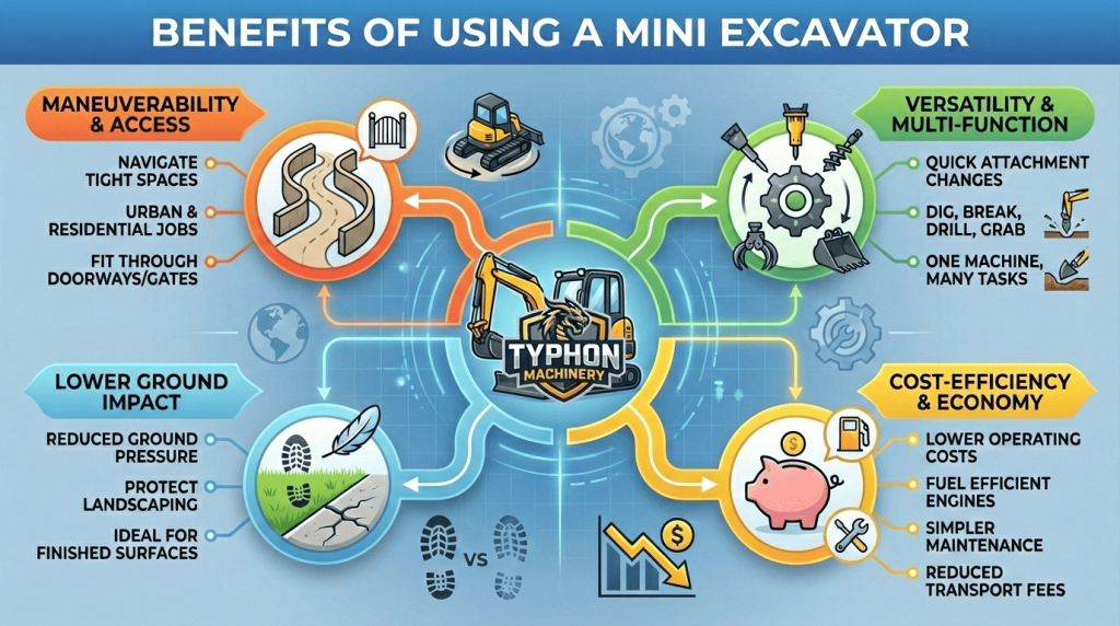 Top Compact & Mini Excavator Diggers- TYPHON Machinery Benefits of Using a Mini Excavator
