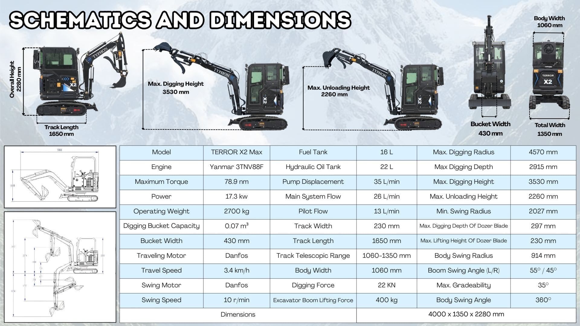 Top Compact & Mini Excavator Diggers- TYPHON Machinery TYPHON TERROR X2 MAX 2.7 Ton Mini Excavator Powerful, Yanmar Engine, Cabin with A/C & Heater, Pilot Control, Boom Swing - Image 3