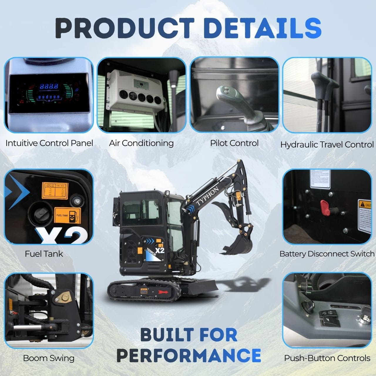 Top Compact & Mini Excavator Diggers- TYPHON Machinery TYPHON TERROR X2 MAX 2.7 Ton Mini Excavator Powerful, Yanmar Engine, Cabin with A/C & Heater, Pilot Control, Boom Swing - Image 12