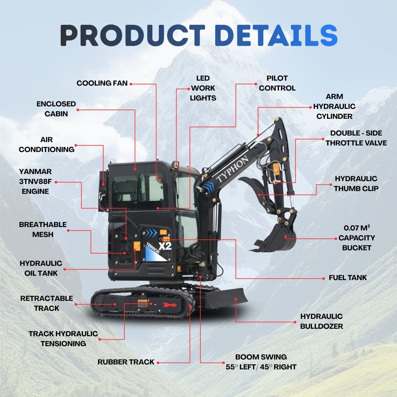 Top Compact & Mini Excavator Diggers- TYPHON Machinery TYPHON TERROR X2 MAX 2.7 Ton Mini Excavator Powerful, Yanmar Engine, Cabin with A/C & Heater, Pilot Control, Boom Swing - Image 5