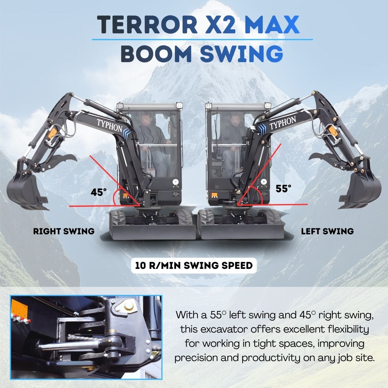Top Compact & Mini Excavator Diggers- TYPHON Machinery TYPHON TERROR X2 MAX 2.7 Ton Mini Excavator Powerful, Yanmar Engine, Cabin with A/C & Heater, Pilot Control, Boom Swing - Image 6