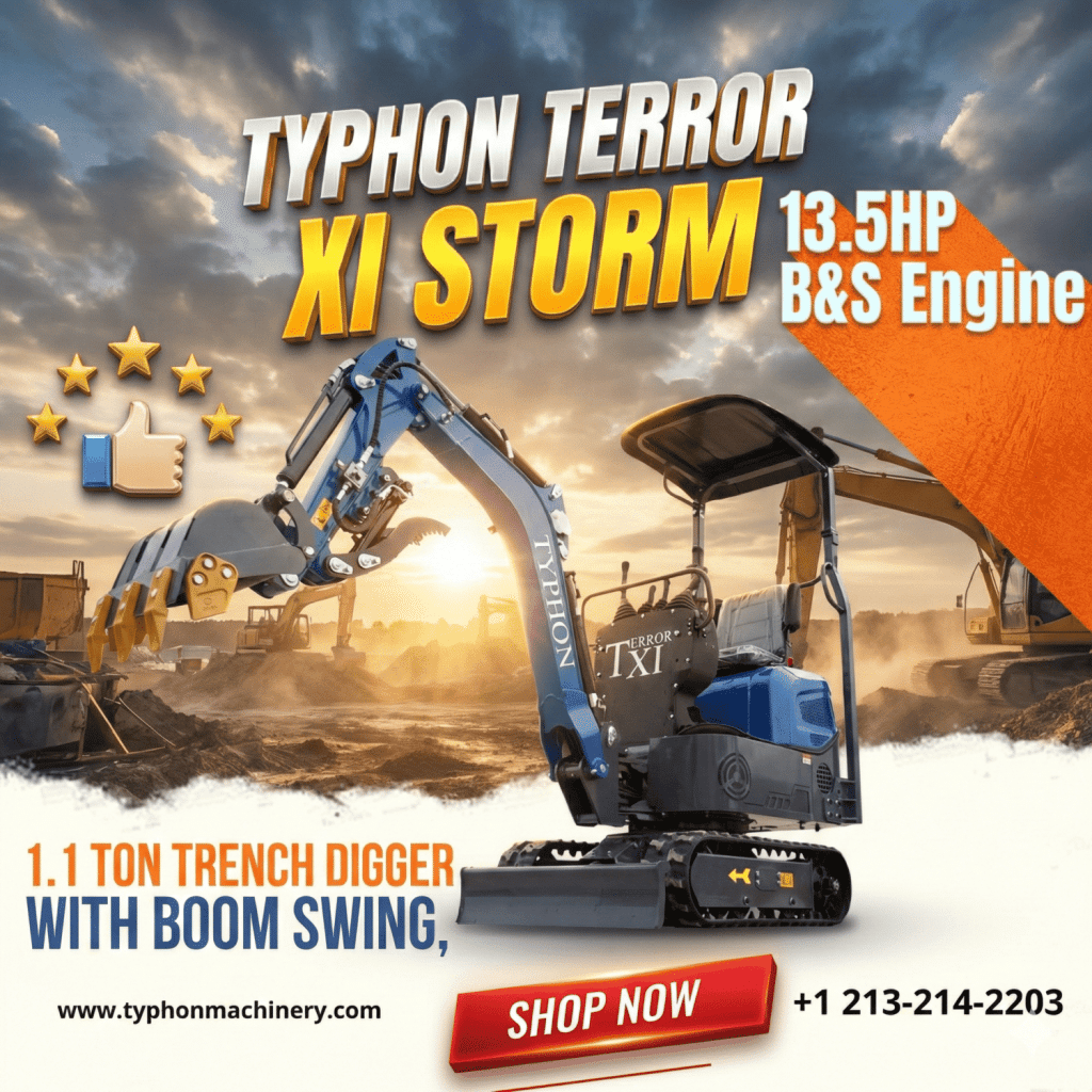 TYPHON TERROR XI STORM Mini Excavator – 1.1 Ton Trench Digger with Boom Swing