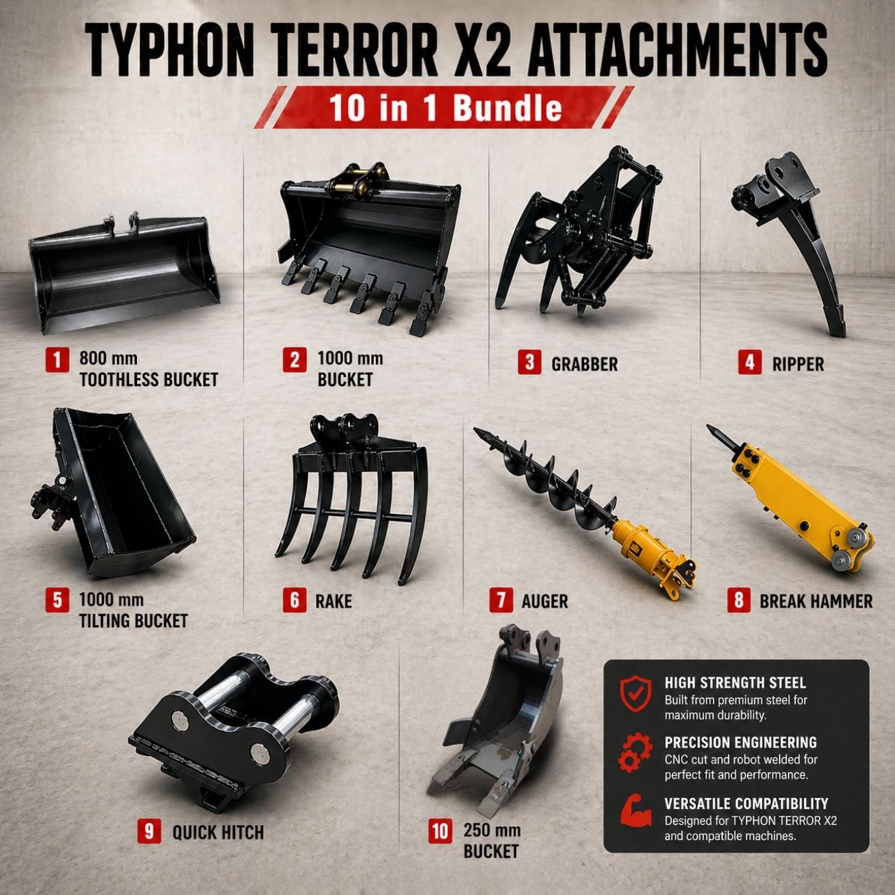 Top Compact & Mini Excavator Diggers- TYPHON Machinery 10 in 1 Attachment for TYPHON TERROR X2 Pro & X2 Max Mini Excavator