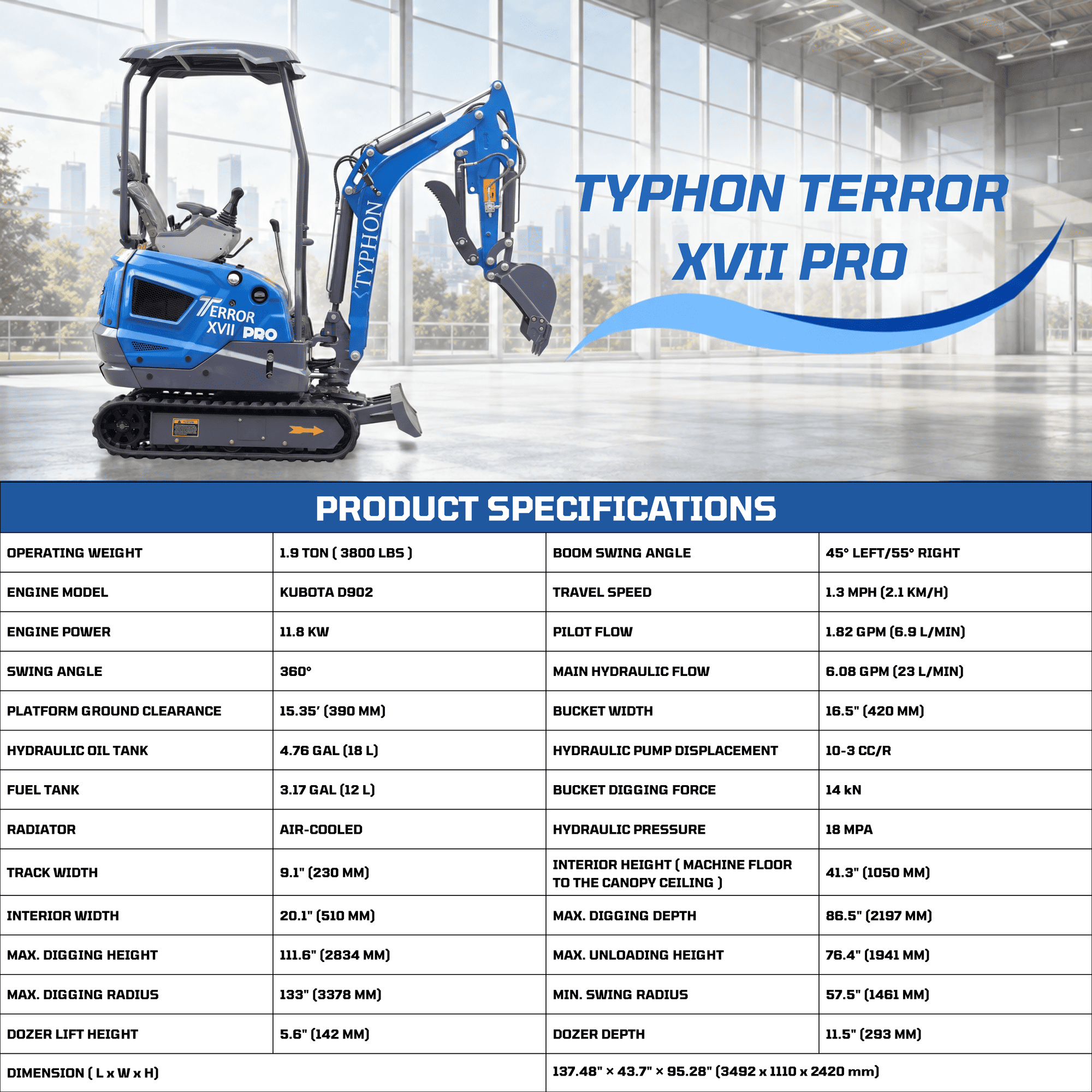 Top Compact & Mini Excavator Diggers- TYPHON Machinery New TYPHON TERROR XVII PRO 3800 lb Mini Excavator – Kubota Diesel, Premium Hydraulics, 14kN Dig Force, Boom Swing - Image 11