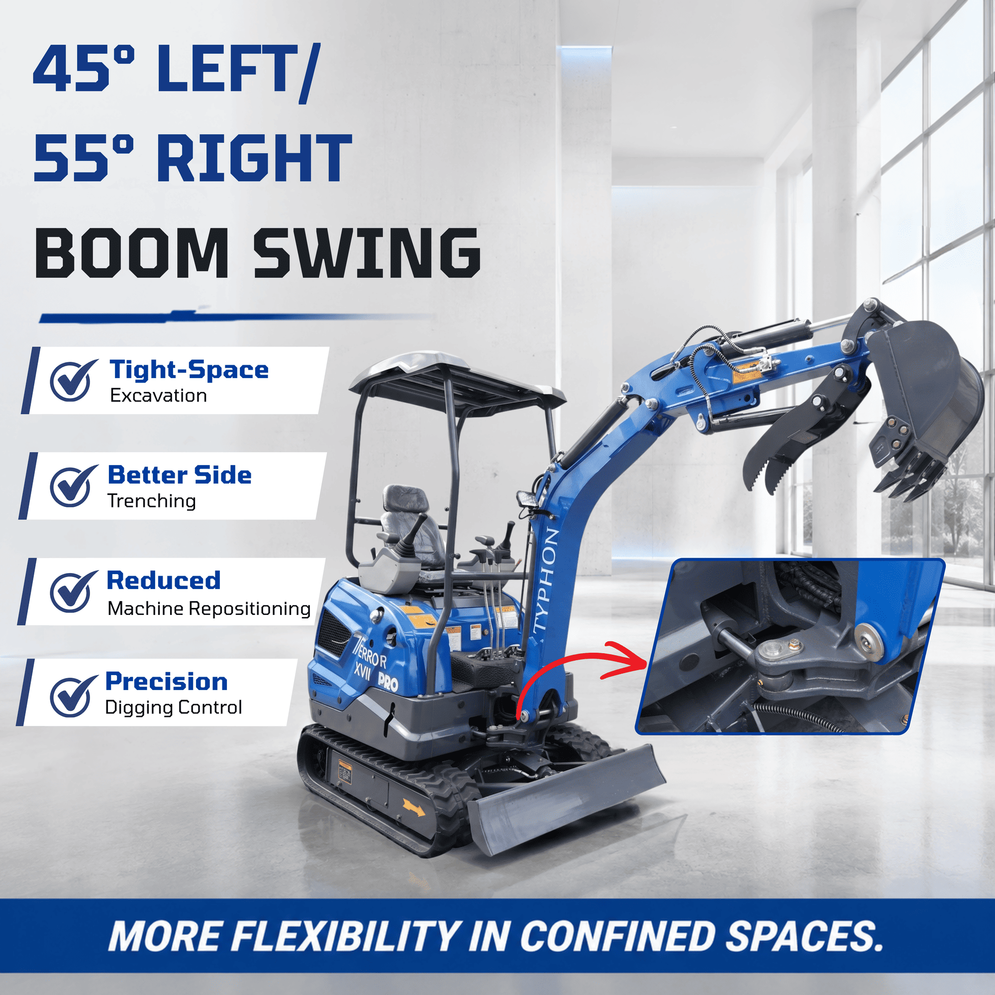 Top Compact & Mini Excavator Diggers- TYPHON Machinery New TYPHON TERROR XVII PRO 3800 lb Mini Excavator – Kubota Diesel, Premium Hydraulics, 14kN Dig Force, Boom Swing - Image 14