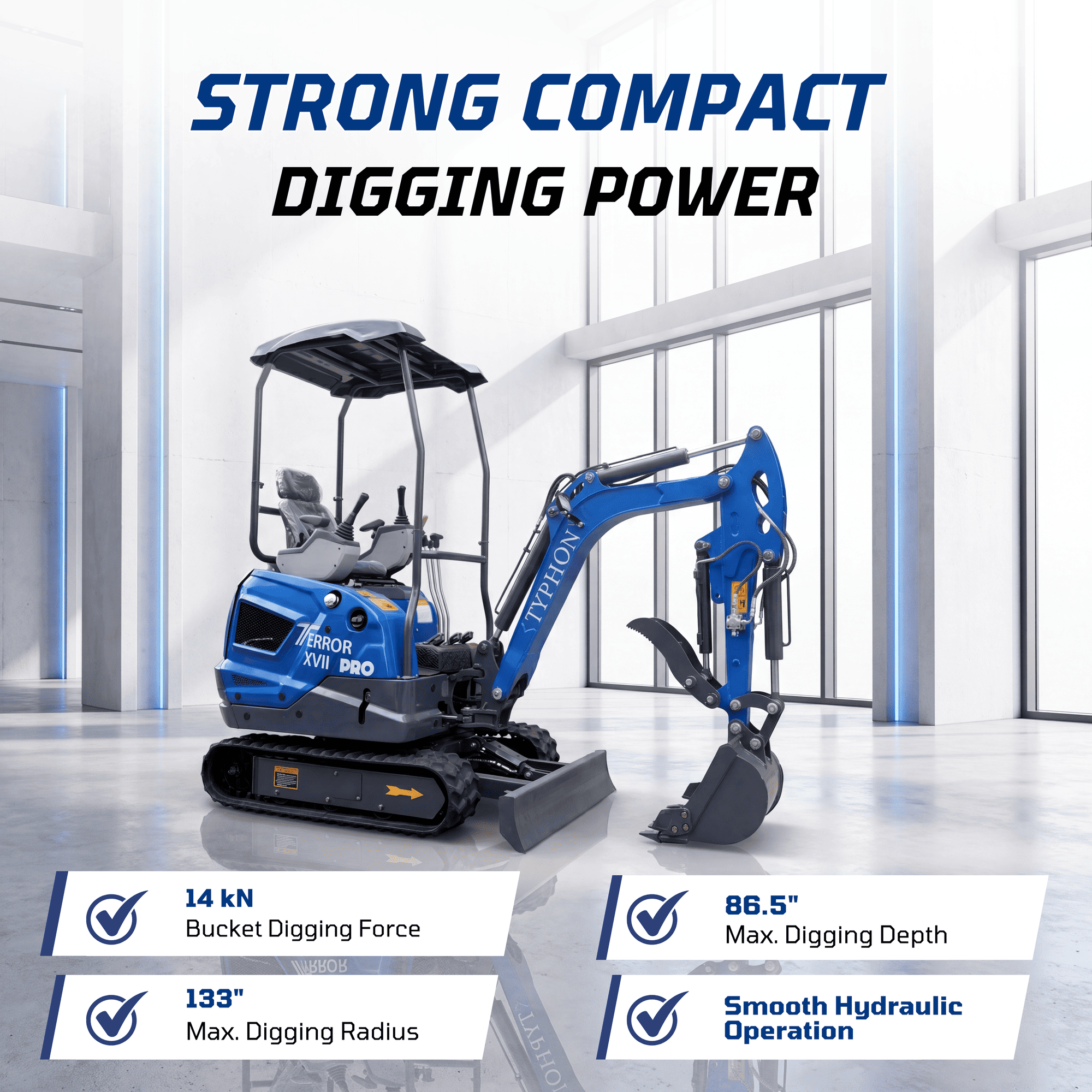 Top Compact & Mini Excavator Diggers- TYPHON Machinery New TYPHON TERROR XVII PRO 3800 lb Mini Excavator – Kubota Diesel, Premium Hydraulics, 14kN Dig Force, Boom Swing - Image 12