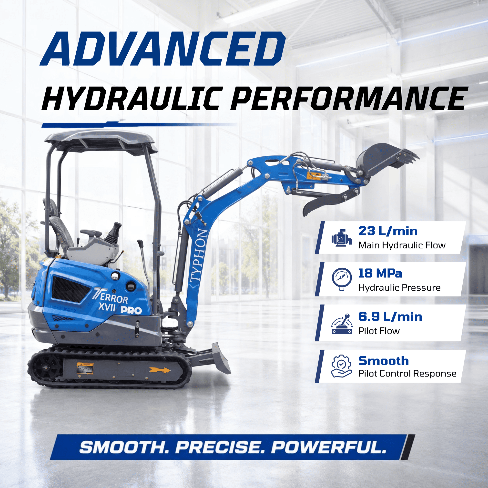 Top Compact & Mini Excavator Diggers- TYPHON Machinery New TYPHON TERROR XVII PRO 3800 lb Mini Excavator – Kubota Diesel, Premium Hydraulics, 14kN Dig Force, Boom Swing - Image 16