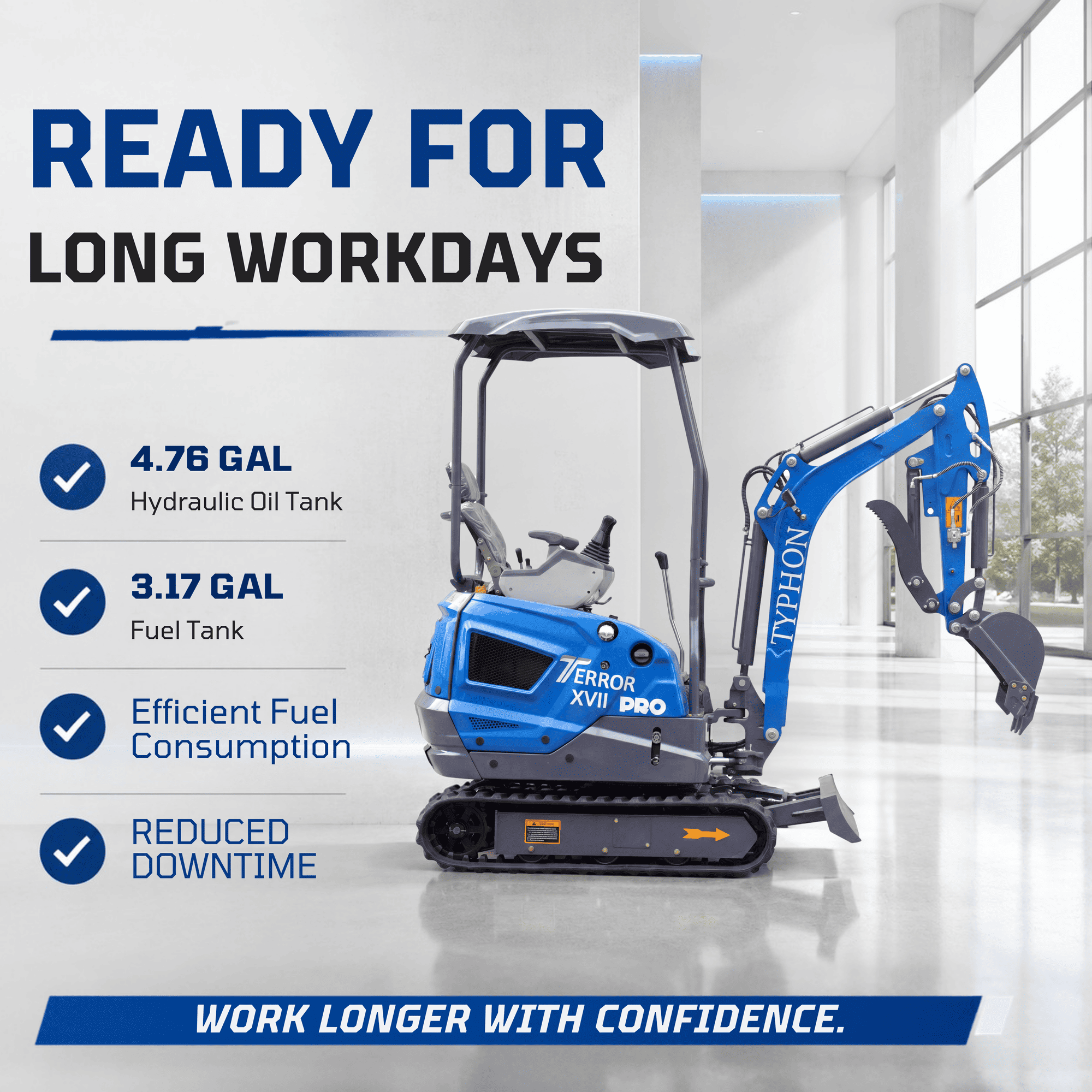 Top Compact & Mini Excavator Diggers- TYPHON Machinery New TYPHON TERROR XVII PRO 3800 lb Mini Excavator – Kubota Diesel, Premium Hydraulics, 14kN Dig Force, Boom Swing - Image 17