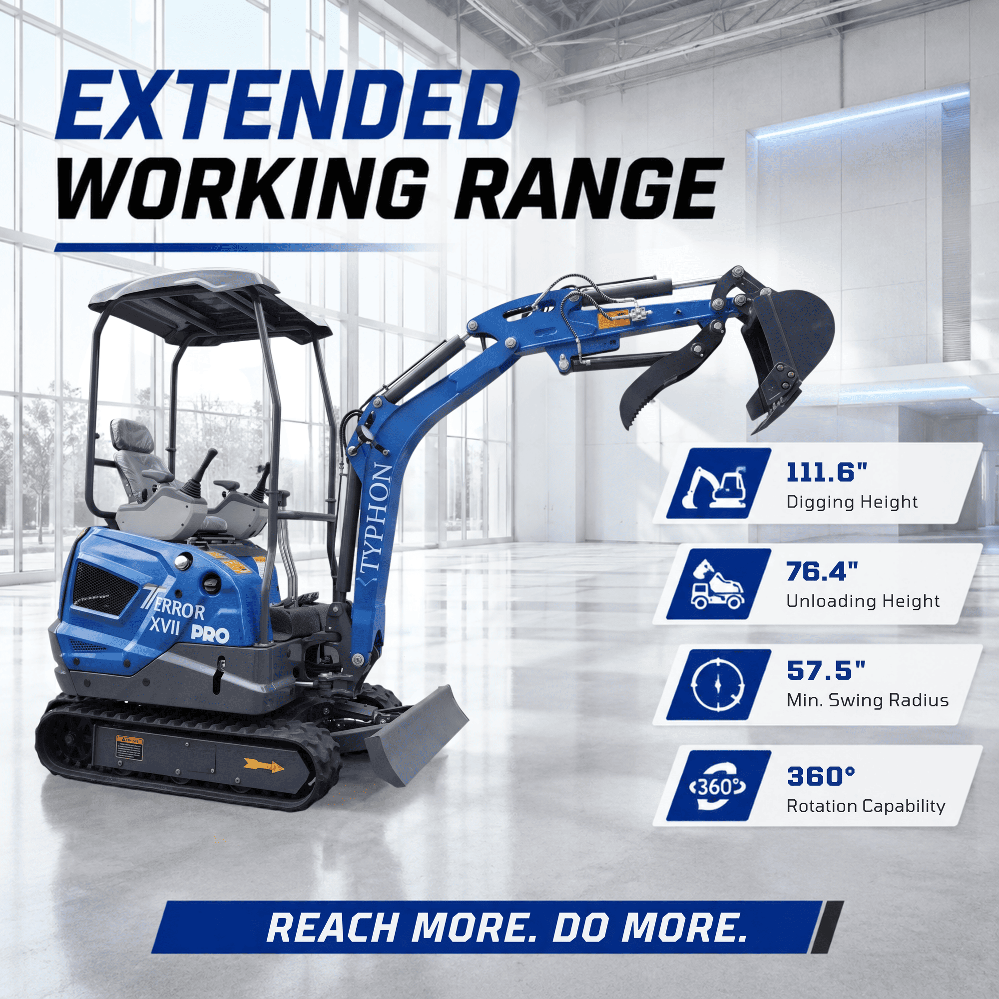 Top Compact & Mini Excavator Diggers- TYPHON Machinery New TYPHON TERROR XVII PRO 3800 lb Mini Excavator – Kubota Diesel, Premium Hydraulics, 14kN Dig Force, Boom Swing - Image 19