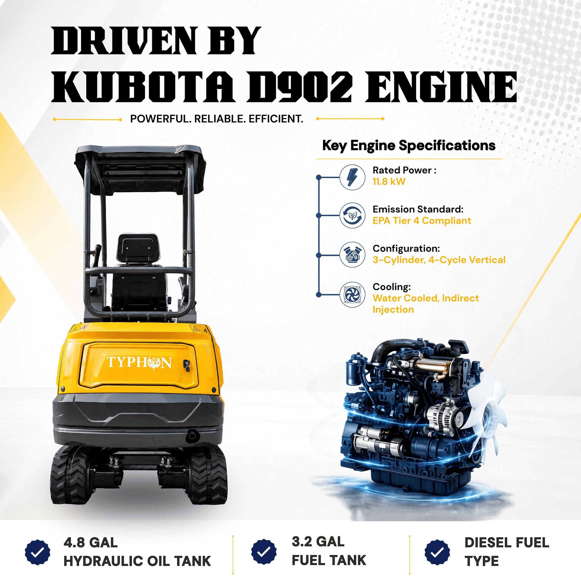 Top Compact & Mini Excavator Diggers- TYPHON Machinery TYPHON TERROR XVII PRO 3800 lb Mini Excavator, Kubota D902 Diesel, Hydraulic Thumb, Pilot Controls, 14kN Dig Force - Image 4