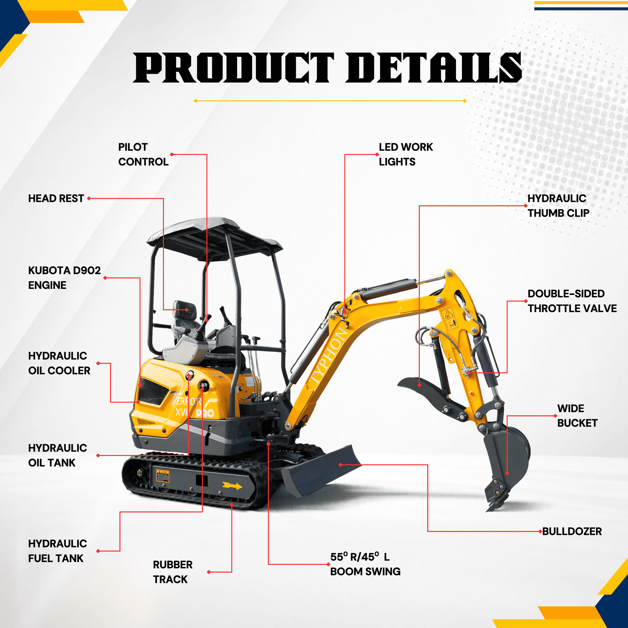 Top Compact & Mini Excavator Diggers- TYPHON Machinery TYPHON TERROR XVII PRO 3800 lb Mini Excavator, Kubota D902 Diesel, Hydraulic Thumb, Pilot Controls, 14kN Dig Force - Image 9