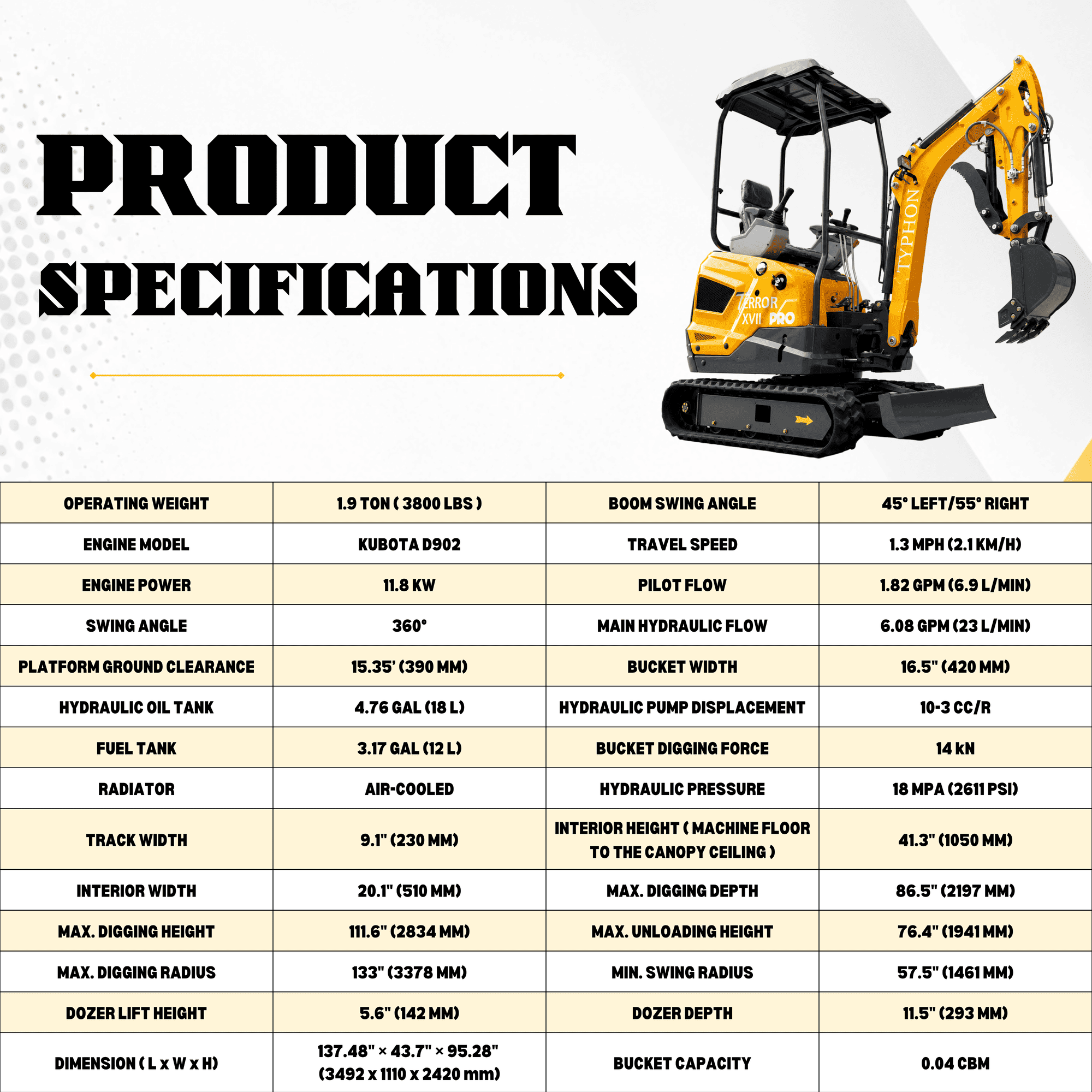 Top Compact & Mini Excavator Diggers- TYPHON Machinery TYPHON TERROR XVII PRO 3800 lb Mini Excavator, Kubota D902 Diesel, Hydraulic Thumb, Pilot Controls, 14kN Dig Force - Image 2