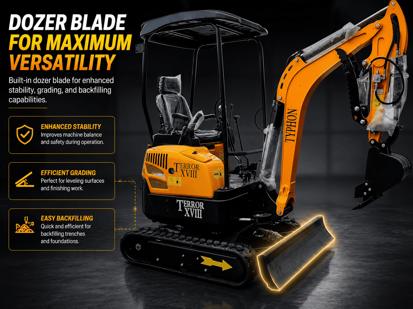 Mini excavator dozer blade lowered for stability during digging