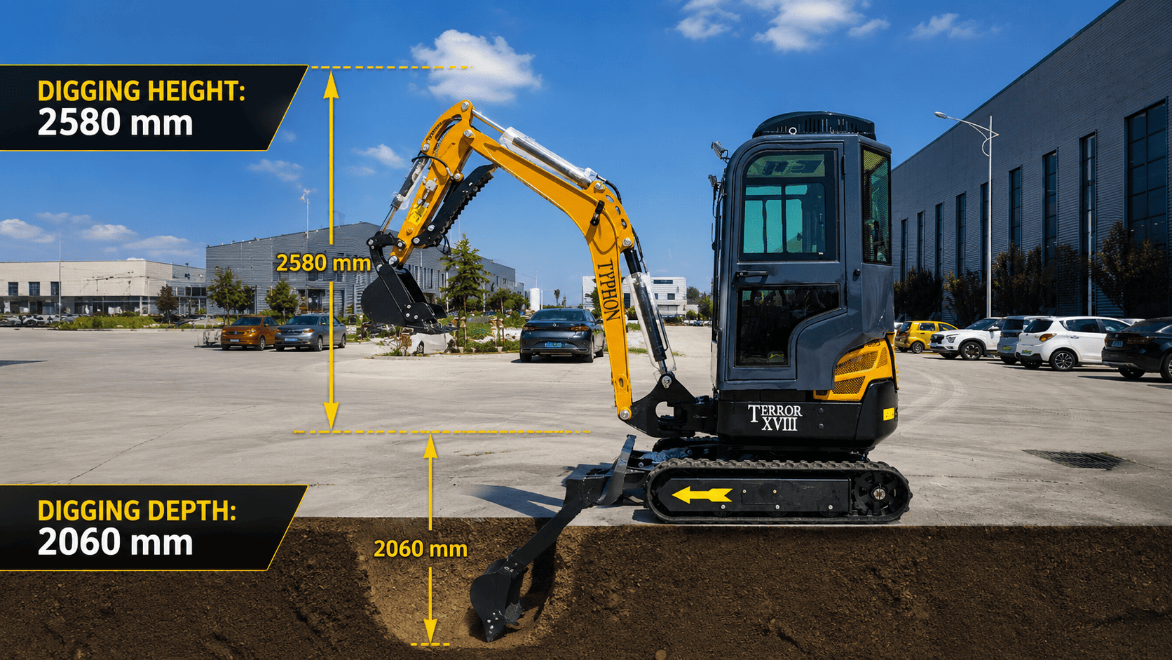 Mini excavator digging deep trench for utility lines