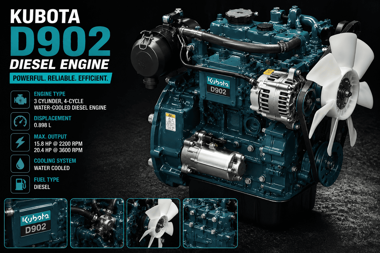 Kubota diesel engine close-up inspection and maintenance