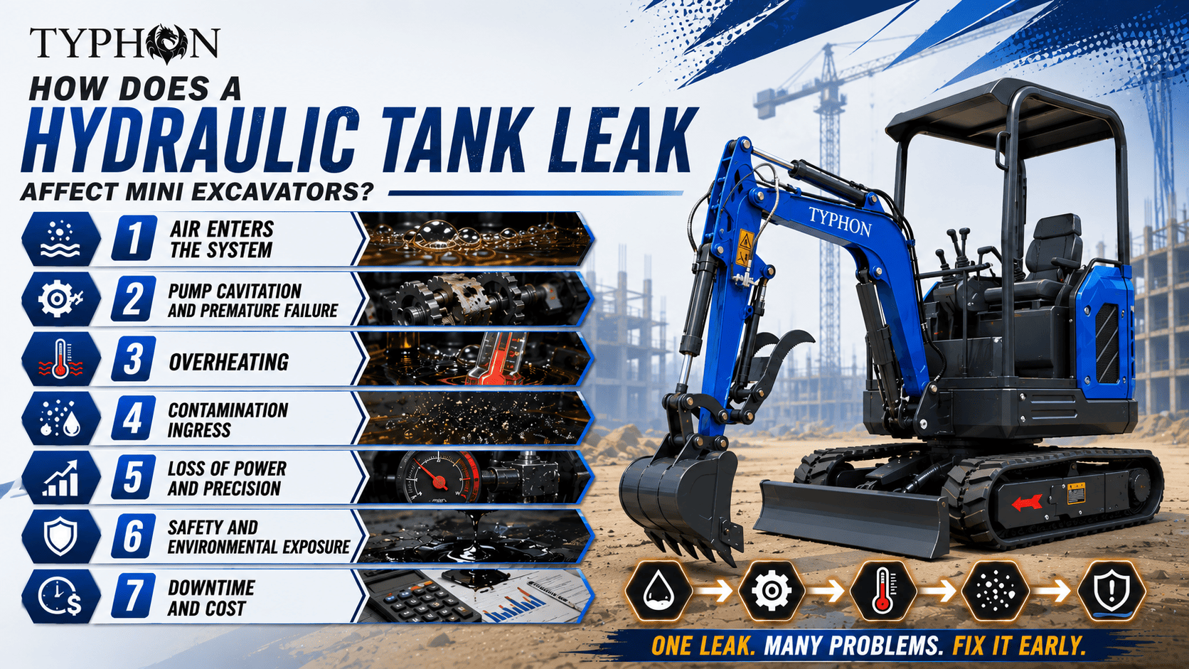 Top Compact & Mini Excavator Diggers- TYPHON Machinery How Does a Hydraulic Tank Leak Affect Mini Excavators?
