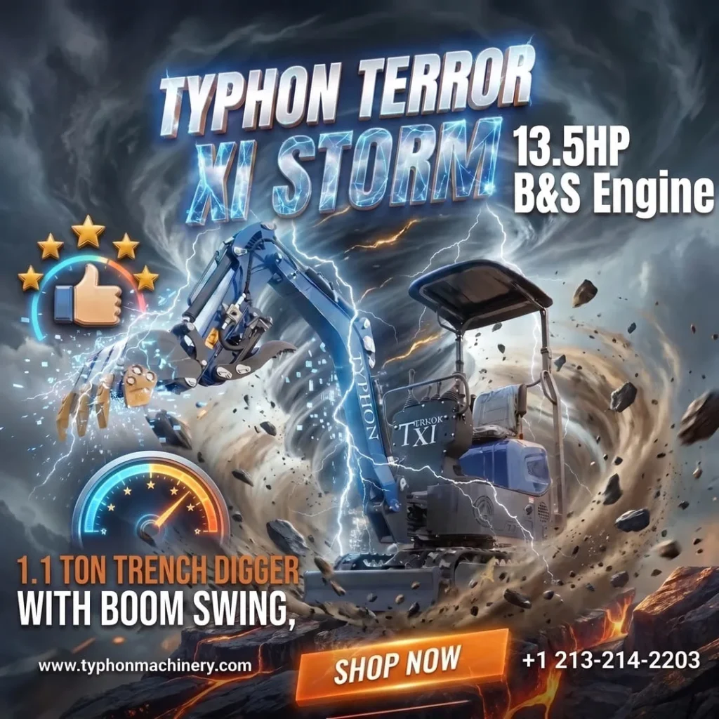 TYPHON TERROR XI STORM Mini Excavator – 1.1 Ton Trench Digger with Boom Swing