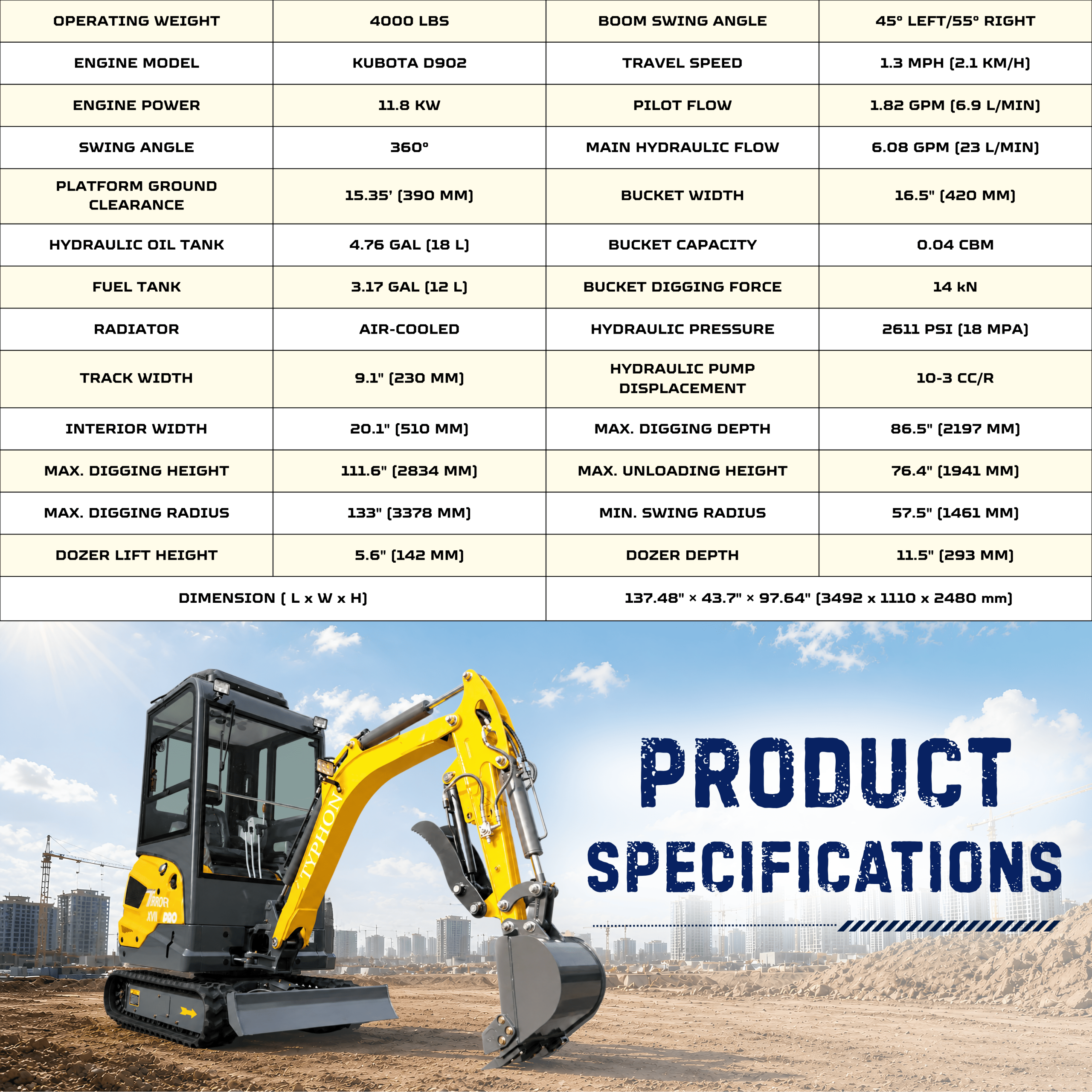 Top Compact & Mini Excavator Diggers- TYPHON Machinery TYPHON TERROR XVII PRO Prestige Edition Mini Excavator 4000LB Kubota D902 Diesel, Enclosed Cab with AC/Heat, Hydraulic Thumb - Image 2