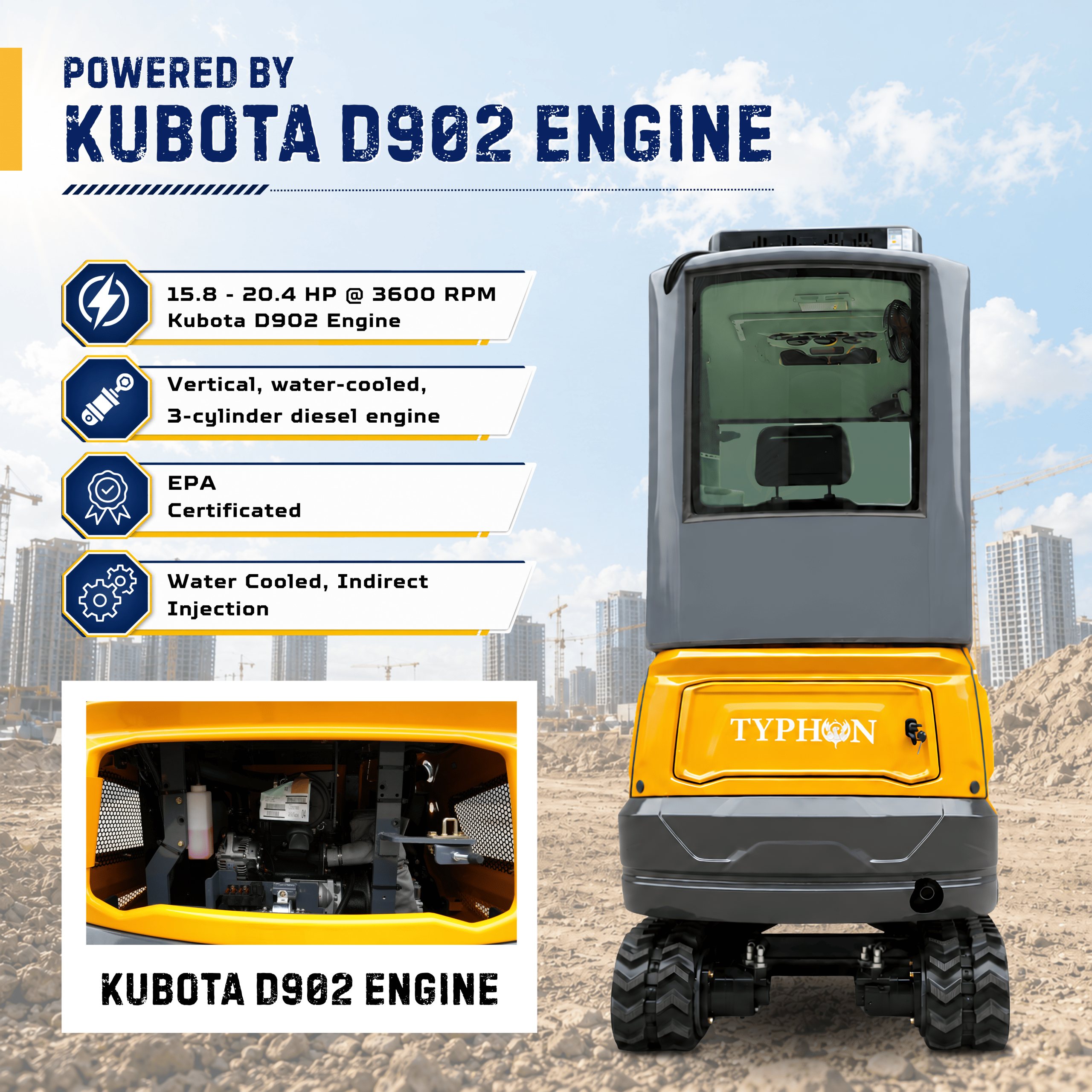 Top Compact & Mini Excavator Diggers- TYPHON Machinery TYPHON TERROR XVII PRO Prestige Edition Mini Excavator 4000LB Kubota D902 Diesel, Enclosed Cab with AC/Heat, Hydraulic Thumb - Image 3