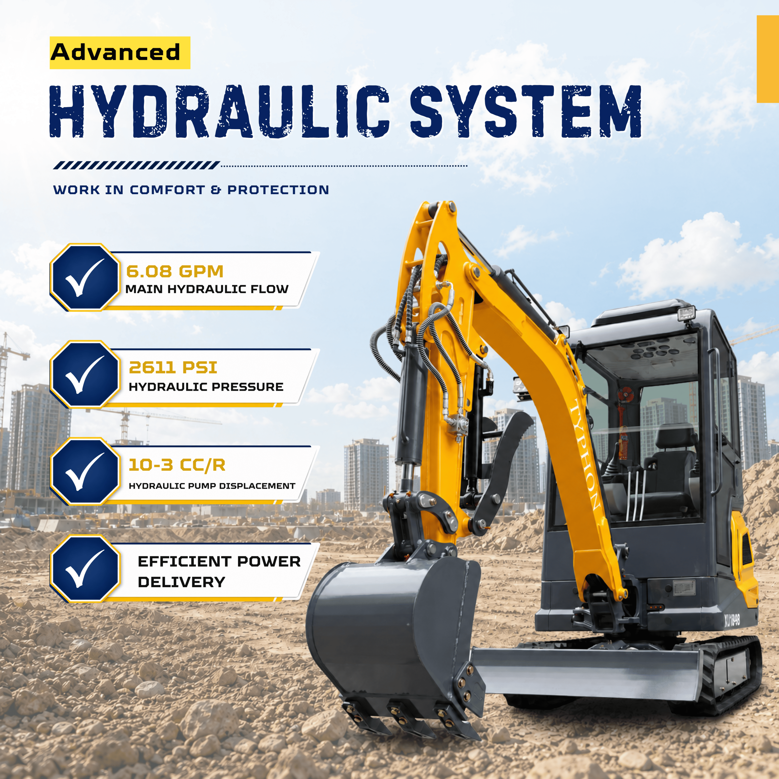 Top Compact & Mini Excavator Diggers- TYPHON Machinery TYPHON TERROR XVII PRO Prestige Edition Mini Excavator 4000LB Kubota D902 Diesel, Enclosed Cab with AC/Heat, Hydraulic Thumb - Image 8