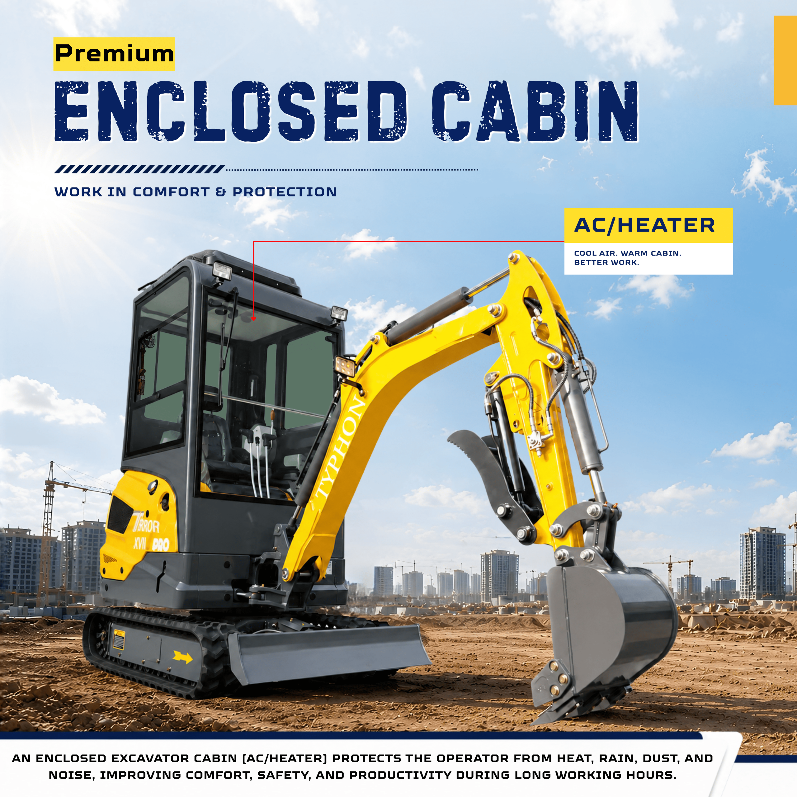 Top Compact & Mini Excavator Diggers- TYPHON Machinery TYPHON TERROR XVII PRO Prestige Edition Mini Excavator 4000LB Kubota D902 Diesel, Enclosed Cab with AC/Heat, Hydraulic Thumb - Image 9