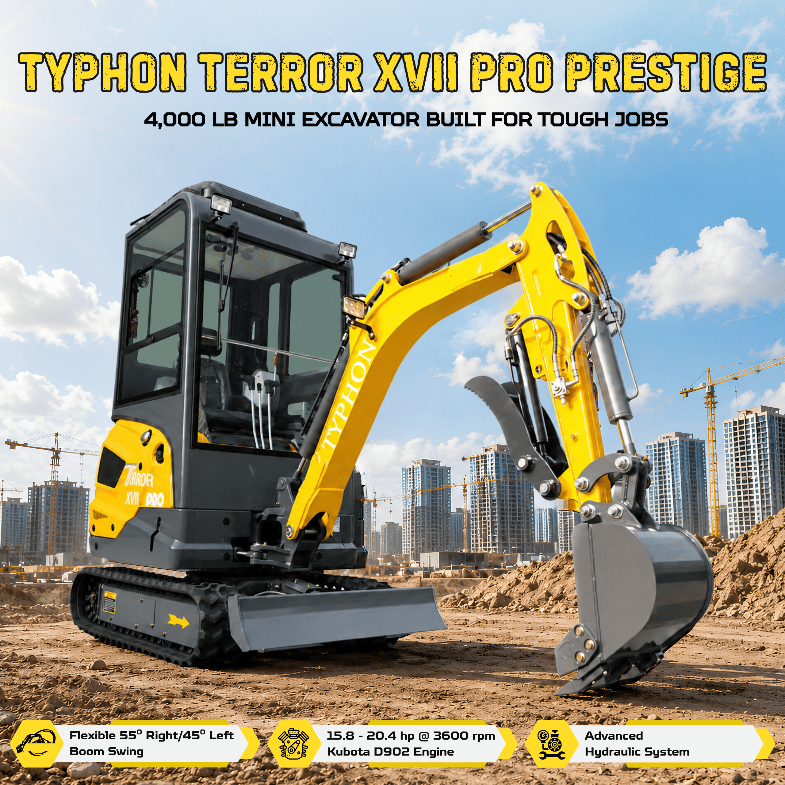 Top Compact & Mini Excavator Diggers- TYPHON Machinery TYPHON TERROR XVII PRO Prestige Edition Mini Excavator 4000LB Kubota D902 Diesel, Enclosed Cab with AC/Heat, Hydraulic Thumb - Image 10