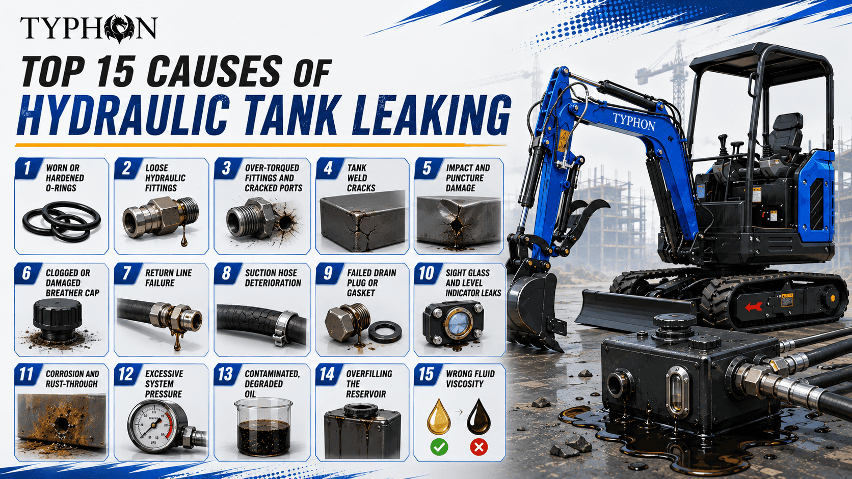 Top Compact & Mini Excavator Diggers- TYPHON Machinery Top 15 Causes of Hydraulic Tank Leaking