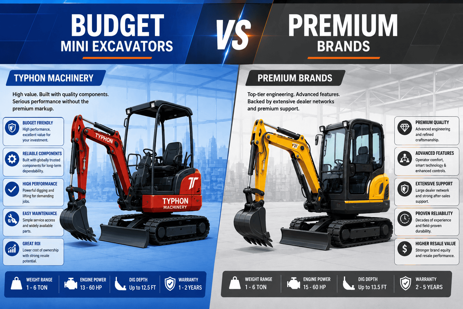 Top Compact & Mini Excavator Diggers- TYPHON Machinery Budget Mini Excavators vs Premium Brands