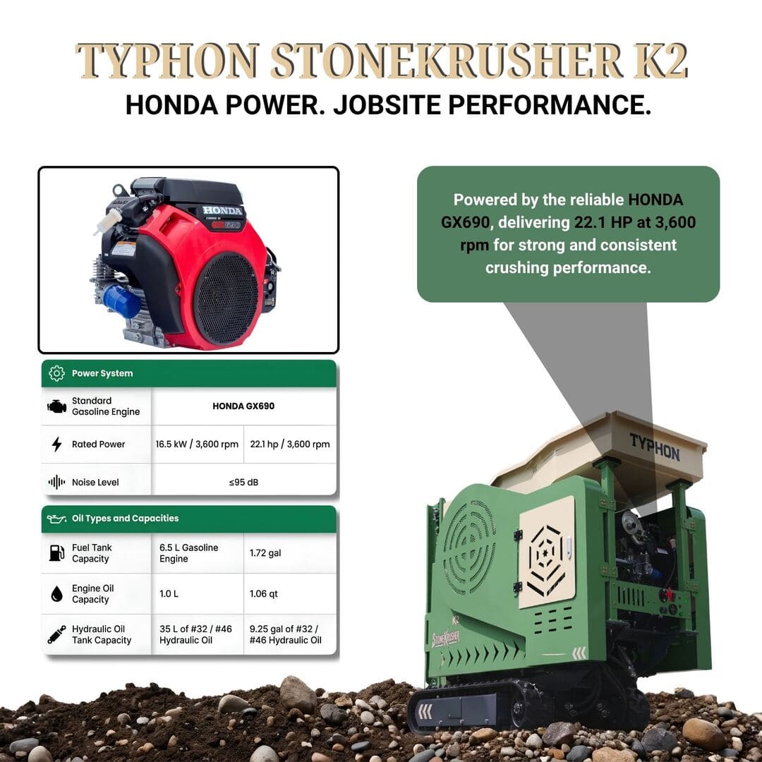 Top Compact & Mini Excavator Diggers- TYPHON Machinery TYPHON STONEKRUSHER K2 Konstructz Series Tracked Jaw Crusher 22.1 HP Honda GX690 Heavy-Duty Rock & Concrete - Image 2