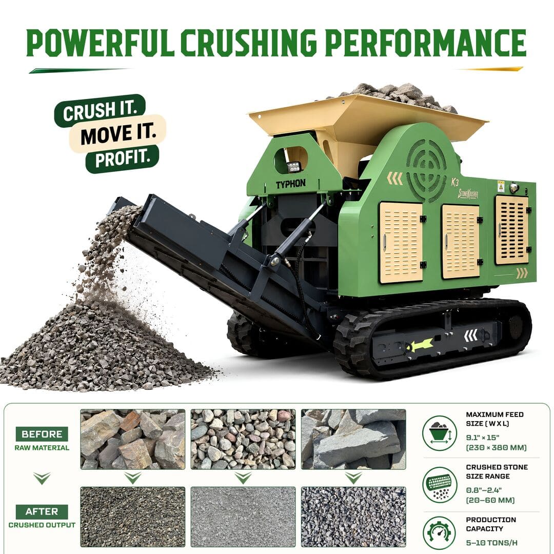 Top Compact & Mini Excavator Diggers- TYPHON Machinery TYPHON STONEKRUSHER K3 Tracked Jaw Crusher – 24.8 HP Kubota D1105, 5–10 TPH, Self-Propelled Mobile Rock Crusher - Image 5