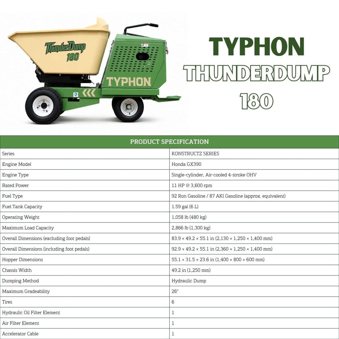 Top Compact & Mini Excavator Diggers- TYPHON Machinery TYPHON THUNDERDUMP 180 Wheeled Dumper Konstructz Series Honda GX390 11 HP 2,866 lb Capacity - Image 6