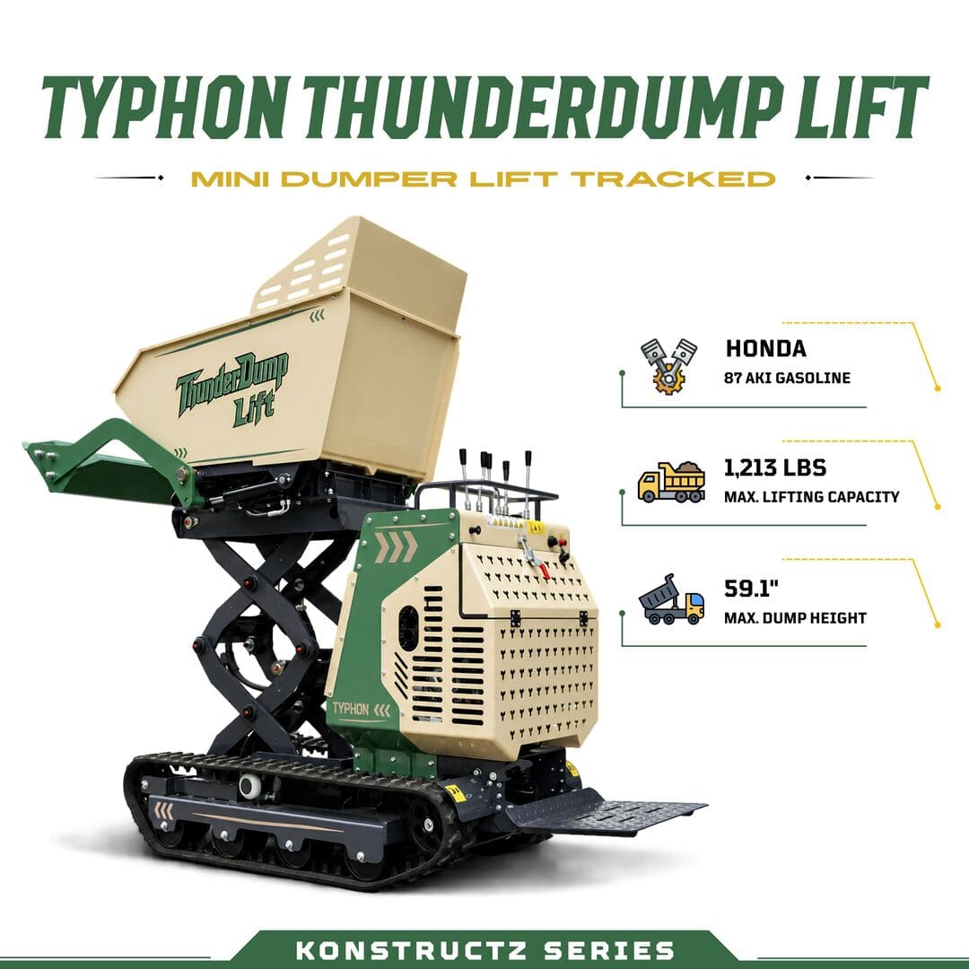 Top Compact & Mini Excavator Diggers- TYPHON Machinery TYPHON ThunderDump Lift KONSTRUCTZ Series Tracked Dumper, 2,205 lb Load Capacity Honda GX390 11HP Gas Engine, - Image 3