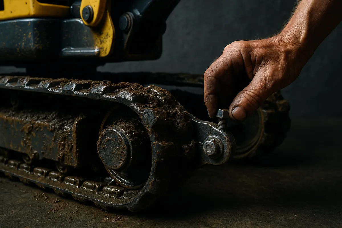 Top Compact & Mini Excavator Diggers- TYPHON Machinery Close-up of a mini excavator's metal track with soil, as a calloused hand adjusts its tension.