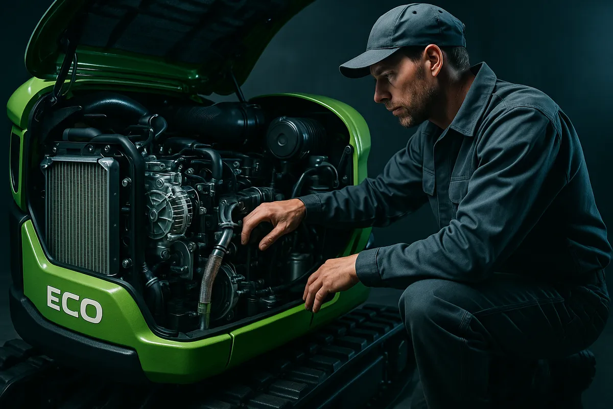 Top Compact & Mini Excavator Diggers- TYPHON Machinery A mechanic inspects the engine of an eco-friendly mini excavator, highlighting its fuel-efficient technology.
