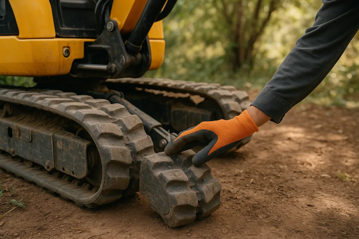 Top Compact & Mini Excavator Diggers- TYPHON Machinery A worker inspects the rubber tracks of a mini excavator on dirt, highlighting its role in small project productivity.