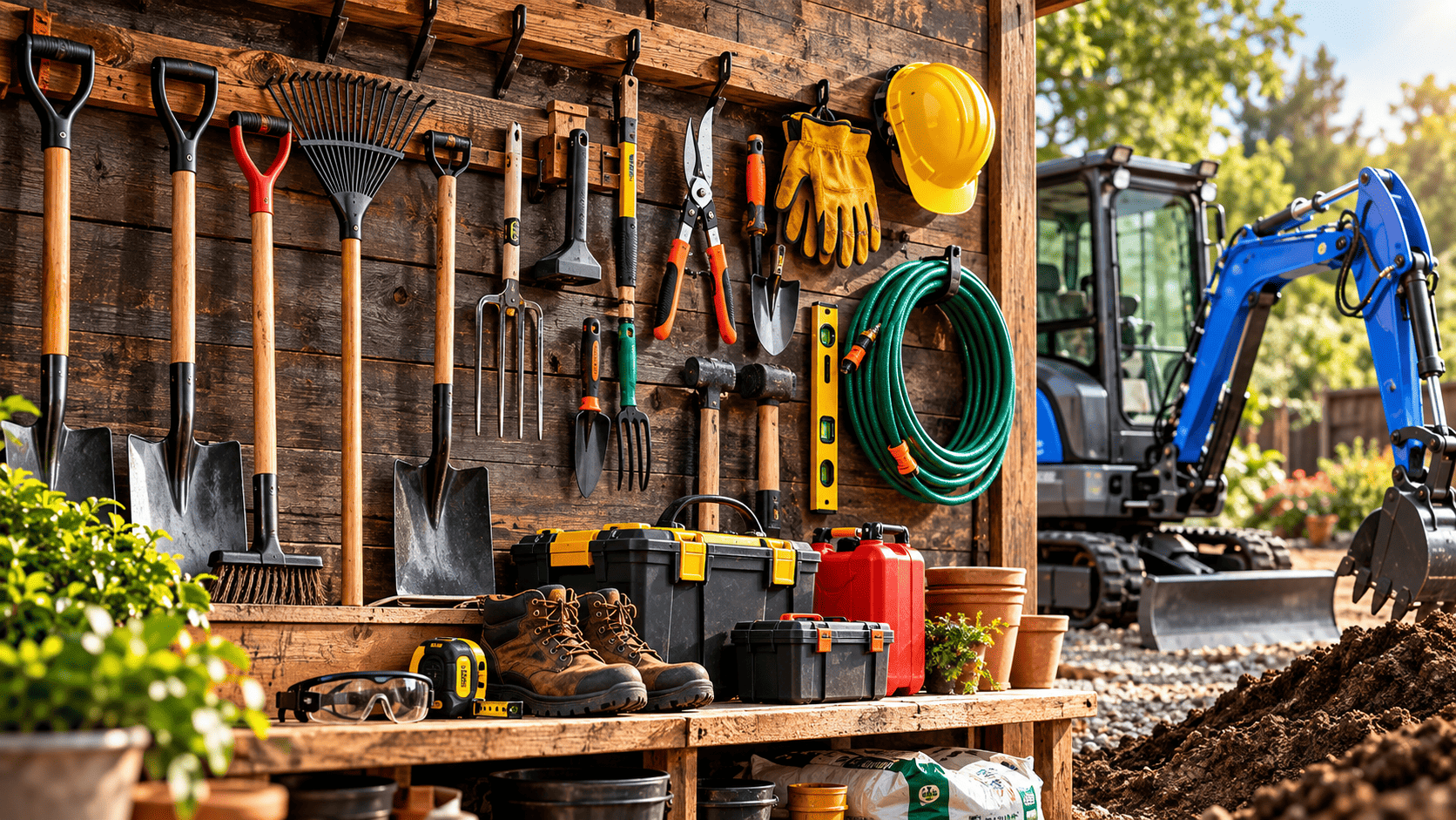 Top Compact & Mini Excavator Diggers- TYPHON Machinery Garden tools neatly arranged on a rustic wooden wall, emphasizing the importance of preparation for mini excavator use.