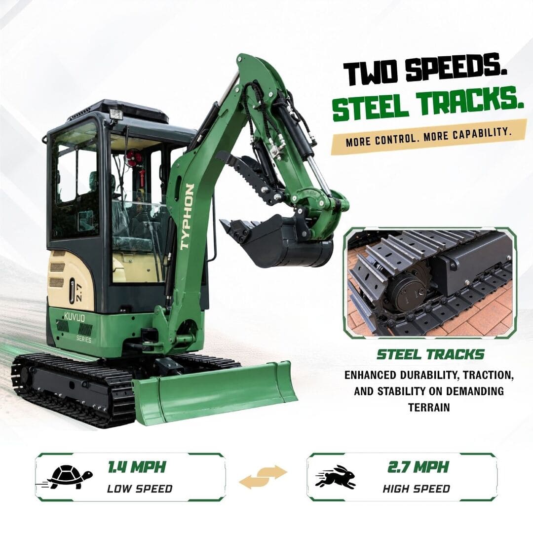 Top Compact & Mini Excavator Diggers- TYPHON Machinery TYPHON KUVUO 2.7 Mini Excavator Konstructz Series, 2.7 Ton with Kubota D1105 Engine, Enclosed Cab with A/C & Heater, Retractable Metal Tracks, Full Pilot Controls & 2-Speed Travel - Image 8