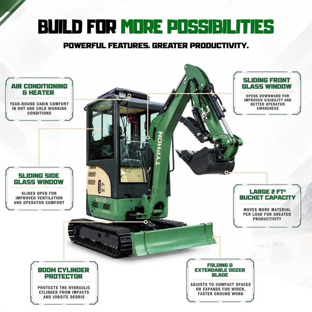 Top Compact & Mini Excavator Diggers- TYPHON Machinery TYPHON KUVUO 2.7 Mini Excavator Konstructz Series, 2.7 Ton with Kubota D1105 Engine, Enclosed Cab with A/C & Heater, Retractable Metal Tracks, Full Pilot Controls & 2-Speed Travel - Image 6