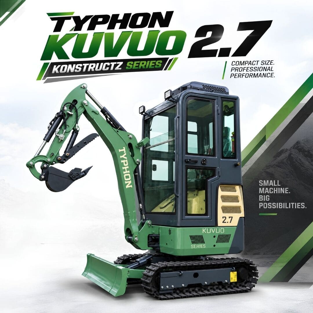 Top Compact & Mini Excavator Diggers- TYPHON Machinery TYPHON KUVUO 2.7 Mini Excavator Konstructz Series, 2.7 Ton with Kubota D1105 Engine, Enclosed Cab with A/C & Heater, Retractable Metal Tracks, Full Pilot Controls & 2-Speed Travel - Image 4