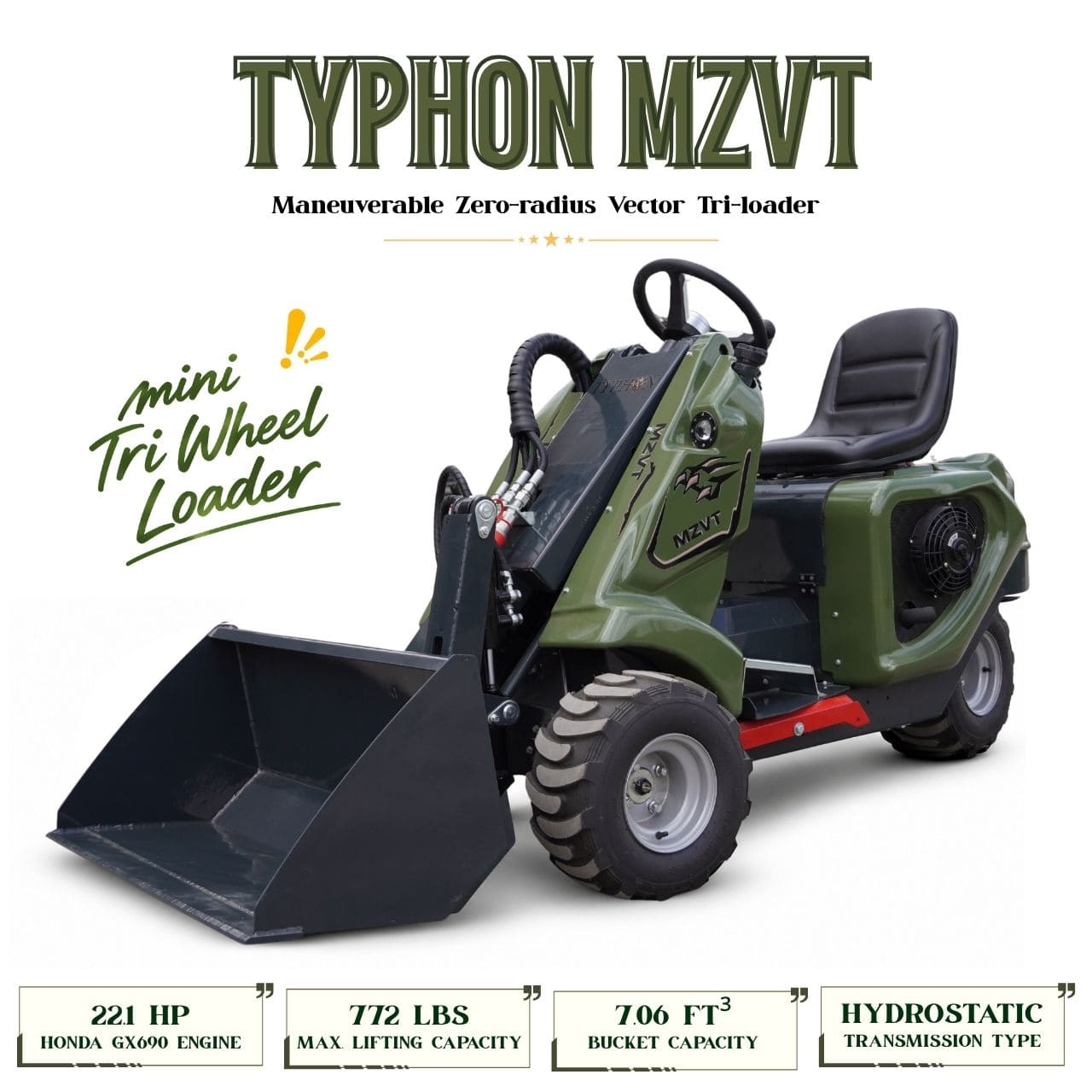Top Compact & Mini Excavator Diggers- TYPHON Machinery New TYPHON MZVT Compact Tri-Wheel Loader with 22.1 HP EPA-Certified Honda GX690 V-Twin Gas Engine, 360° Steering & 772 lb Load Capacity - Image 10