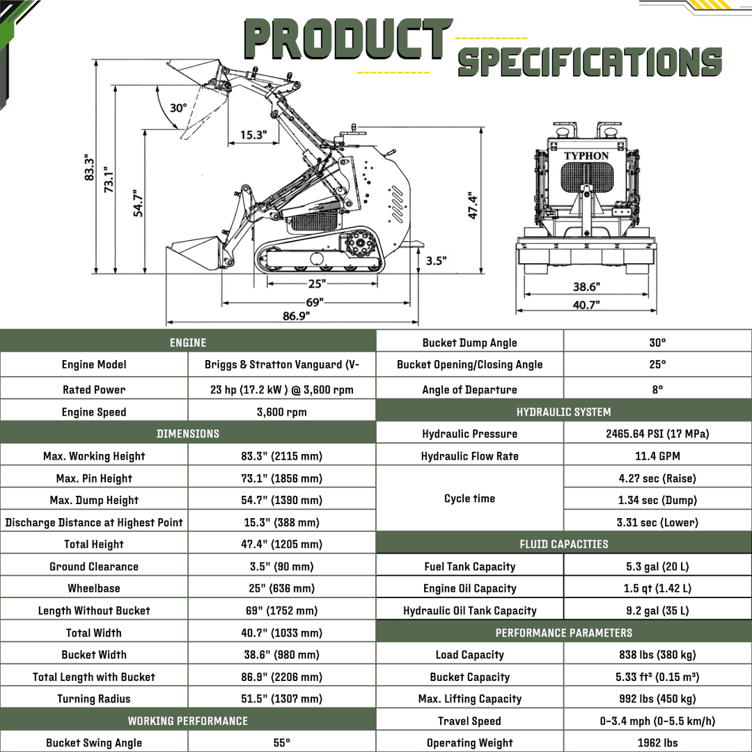 Top Compact & Mini Excavator Diggers- TYPHON Machinery TYPHON STOMP 501 PRO 1962 lb Skid Steer Loader with B&S 23 HP V-Twin Gas Engine, 3 Pump 3 Valve Hydraulics & Triangle Rubber Tracks - Image 2