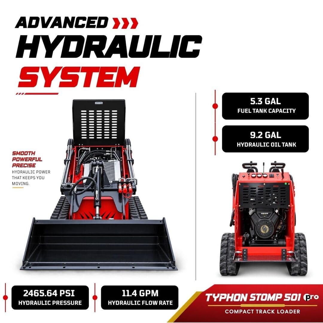 Top Compact & Mini Excavator Diggers- TYPHON Machinery TYPHON STOMP 501 PRO Compact Skid Steer Loader with 23 HP at 3600 RPM Briggs & Stratton EPA-Certified Engine & 992 lb Maximum Lifting Force - Image 6